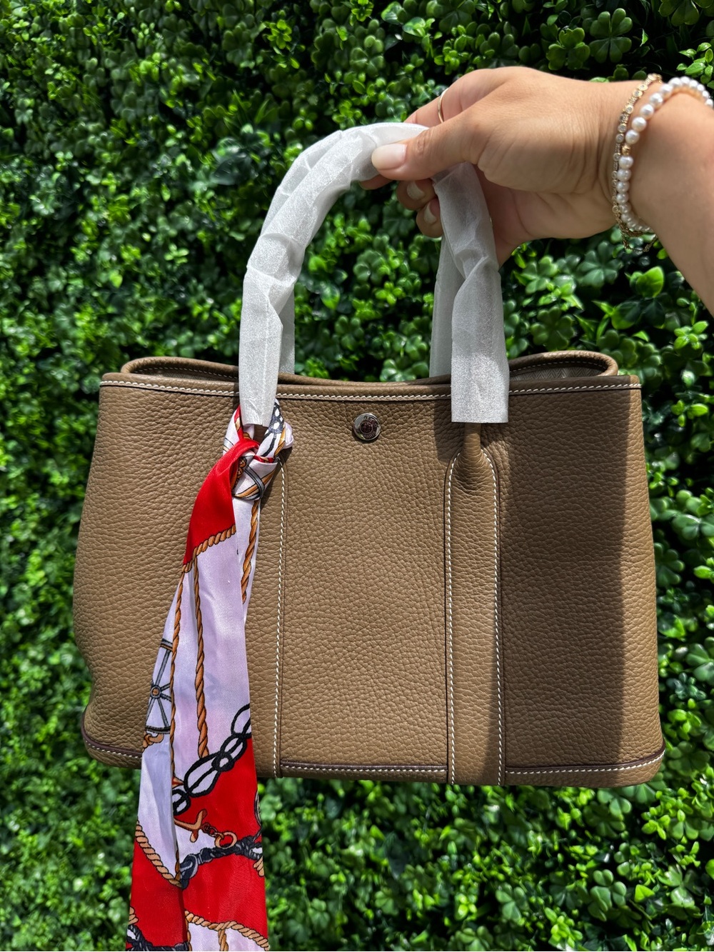 Taupe Women’s Leather Tote Bag with Red Accent Scarf
